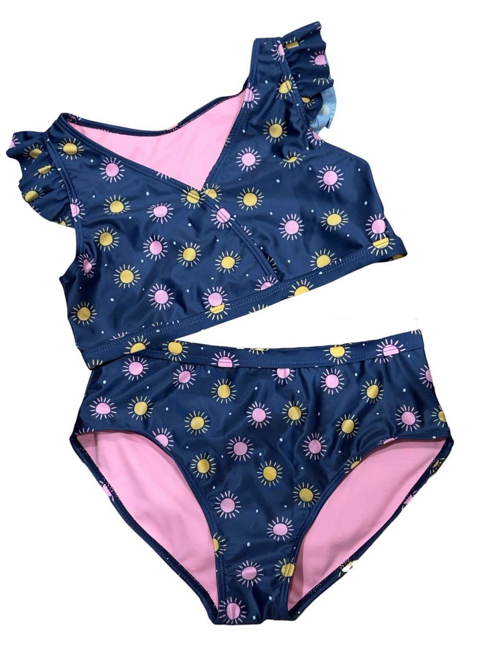 thereabouts Girl’s 2-Piece Navy Bikini in a Pink and Yellow Sun Pattern